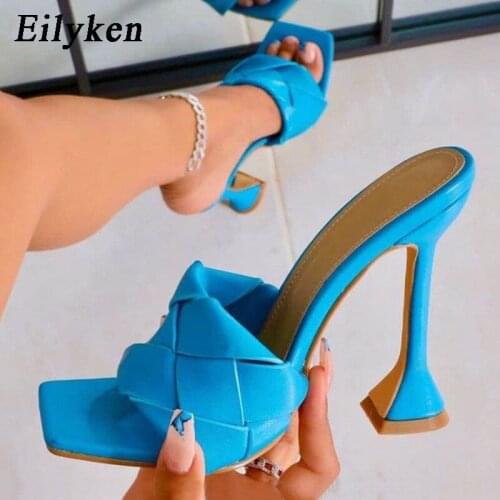 Eilyken 2021 Summer New Fashion Braiding High Quality Square Toe Womens Slippers Outdoor Rome Strange Heel Design Slides Shoes