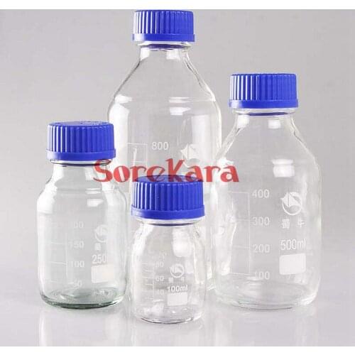 100ml/250ml/500ml Graduated Round Glass Reagent Bottle Blue Screw Cap Screw On Cover Flask