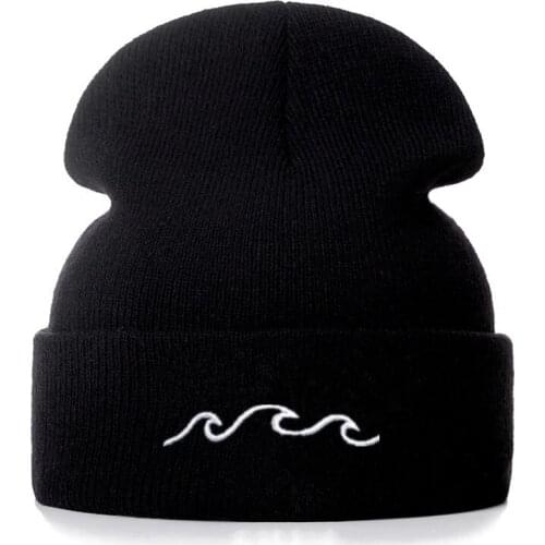 Sea Wave Cotton Embroidery Casual Beanies for Men Women Knitted Winter Hat Solid Hip-hop Skullies Bonnet Unisex Cap