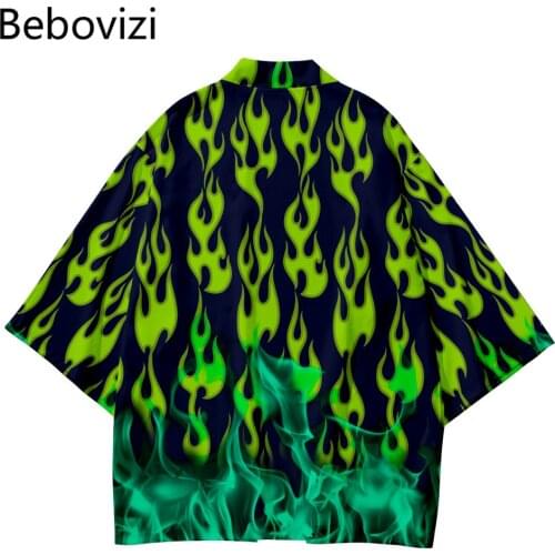 Japanese Style Sets Fashion Kimono Men Women Cardigan Haori Obi Plus Size 6XL Green Flame China Harajuku Asian Clothes Pant Suit