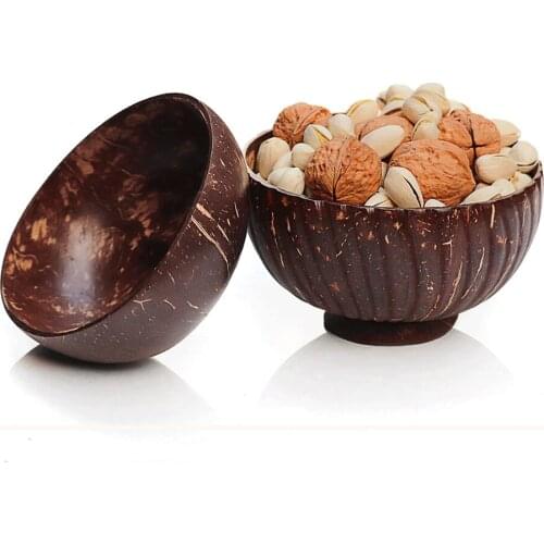 12-15cm Natural coconut bowl set handmade coconut shell tableware wood spoon dessert fruit salad mixing bowl rice Ramen bowl