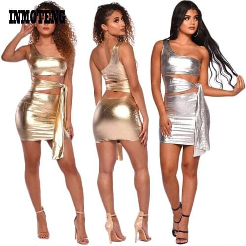 New Arrival Women Gold Silver One Shoulder Skew Neck Lace Up Hollow Out Mini Bodycon Skinny 2pcs Sets Night Club Dress Vestidos