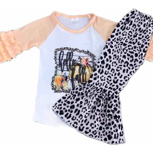 2021 New Design Boutique Wholesale Halloween Leopard-print Bell Bottoms in Pumpkin Print Children Set Boys and Girls Outfit