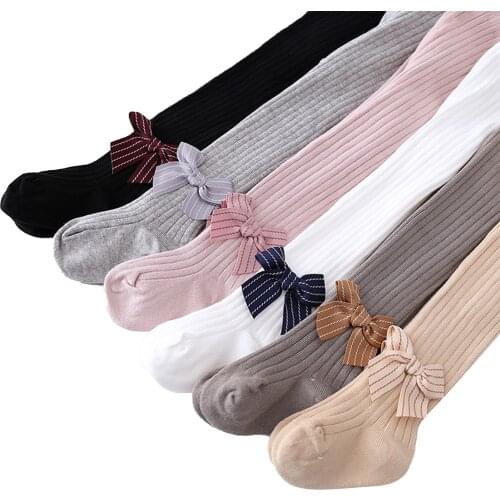 Newborn Baby Girls Solid Ribbed Pantyhose Bow Knot Spring Autumn Infant Toddler Soft Cotton Pantyhose Tights 0-24M