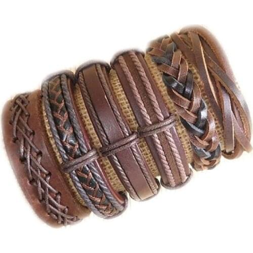 Fashion 6pcs Punk Genuine Wrap Leather Bracelets Men For Women Charm Wood Beads Bracelets Cuff Jewelry Accessories-S23