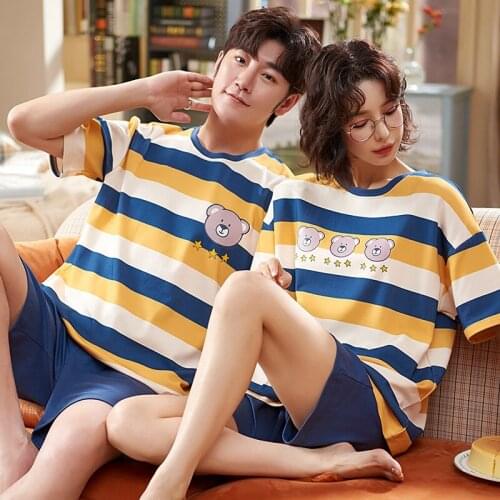 Summer Cotton Couple Pajamas Set Women Men Korean Fashion Blue/Yellow Stripes Sleepwear Leisure Short Sleeve Cartoon Nightwear