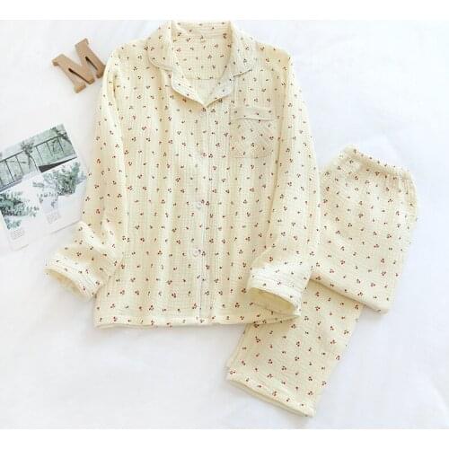 Little Cherry Printed Crepe Pajamas Set 3-color Cotton Gauze Ladies Long-sleeved Trousers Woman Pajamas Pantalon Pijama Mujer