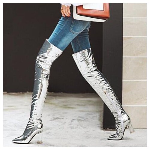 Hot Woman Mirror Black Red Sliver White Color Patent Leather Transparent Heels Thigh High Boots Pointed Toe Over The Knee Boots