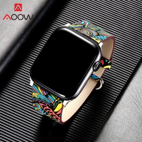 PU Leather Strap Watchband for Apple Watch 4 5 40mm 44mm 38mm 42mm Bohemia Style Printing Replace Bracelet Band for iWatch 1 2 3