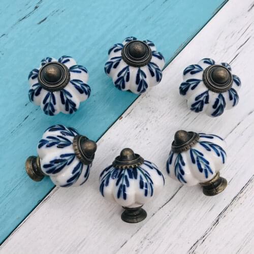 6pcs Furniture Handware 34mm Blue and White Hand Painted Pumpkin Ceramic knobs and pulls for Cupboard Cabinet Door Drawer Knobs