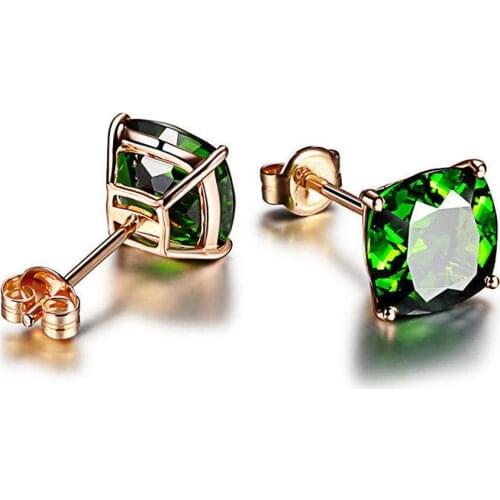 Huitan Simple Stylish Square Green Stone Stud Earrings for Women Romantic Rose Gold Color Noble Female Party Accessories Jewelry