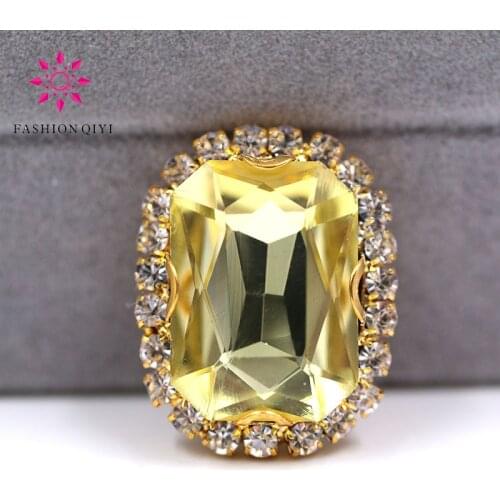 Free shipping Gold base Rectangular octagonal Light yellow sew on rhinestones glass Crystal button DIY clothing accessories