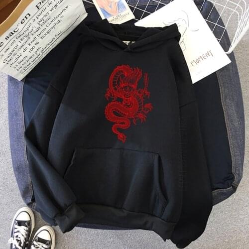 Black Hip Hop Sweatshirt Hoodies Goth Aesthetic Harajuku Streetwear Women Dragon Red Clothes Man Oversize Sudadera Mujer