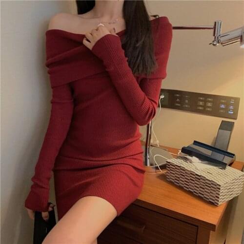 Knitted off shoulder bodycon dress woman sexy slash neck mini-dresses fashion brand ladies evening party vestido curto new