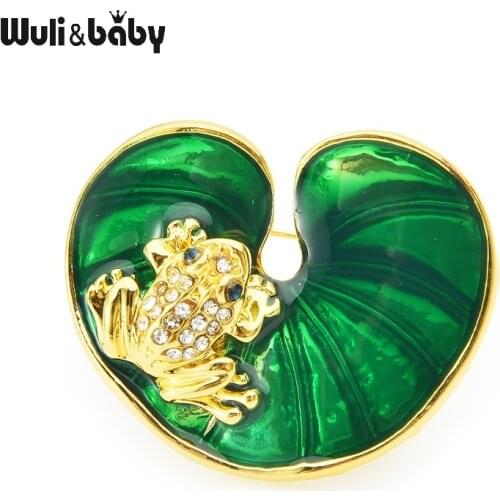 Wuli&baby Enamel Frog Luotus Leaf Brooches For Women Cute Animal Party Casual Brooch Pins Gifts