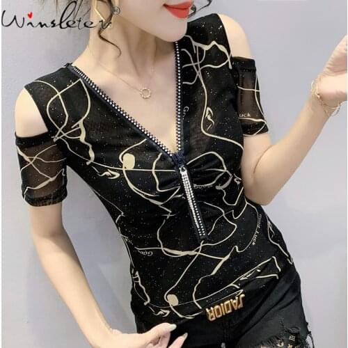 Summer European Style Thin Print T-Shirt Chic Sexy Off Shoulder V-Neck Zipper Tassels Women Tops Short Sleeve Tees New T16412A