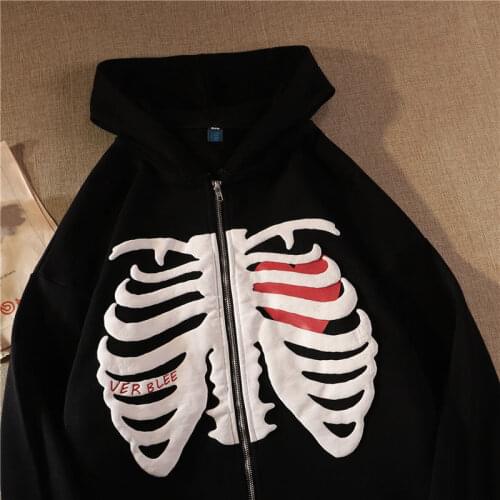 Harajuku Aesthetic Skeleton Skull Print Hip Hop Women Zip Hooded Sweatshirts Streetwear Gothic Heart Graphic Chic Hoodies Jacket