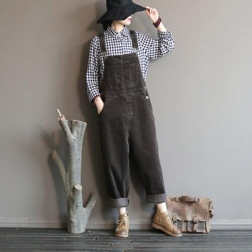 Johnature 2021 Autumn Winter New Original Jumpsuits Cotton Corduroy Women Vintage Loose Strap Thick Warm Pocket Casual Jumpsuits
