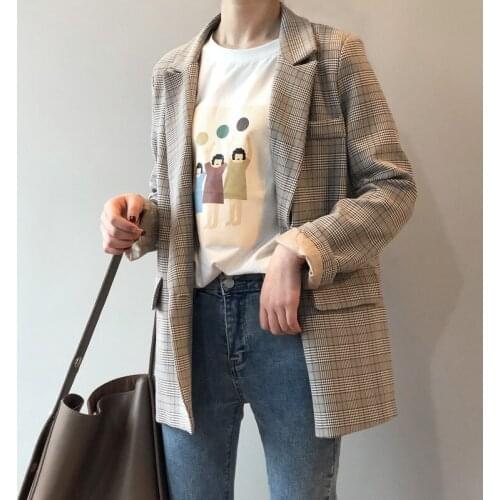 Spring Retro Lattice Suit Loose Coat Woman Suit Jacket Casual Blazer Female Tops Vintage Outerwear Plaids Coat