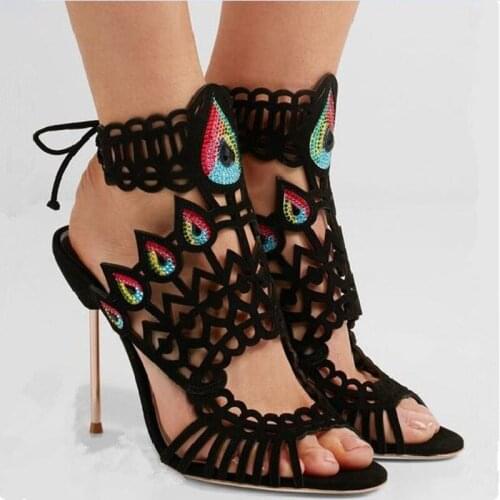 Deification Kid Suede Sandalias Mujer 2018 Diamond Set High Heels Women Summer Shoes Cross-Tied Cut Out Gladiator Sandals Women