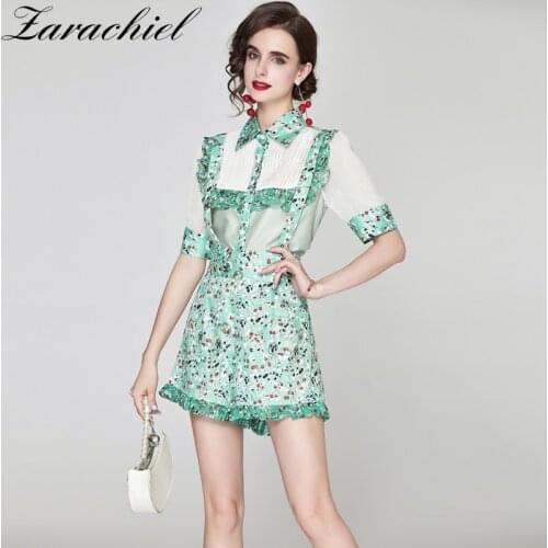 Summer Holiday Clothing Green Flower Print Bronzing Shirts Blouses + Suspenders Pleats Shorts Girls Ruffles Top Two Piece Sets