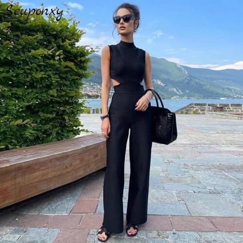 High Quality Elegant Womens Black Bandage Jumpsuit Sexy Sleeveless Backless Hollow Fashion High Street Celebrity Party Jumpsuit