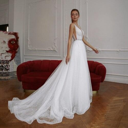 UZN Ivory Princess V Neck Glitter Tulle Wedding Dress Sleeveless Beading Belt Bridal Gowns Vestido De Noche