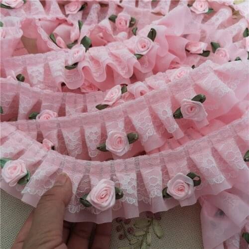 2Meter/lot 5cm wide Three-dimensional pink chiffon flower lace handmade home garden rose flower lace accessories Z1637