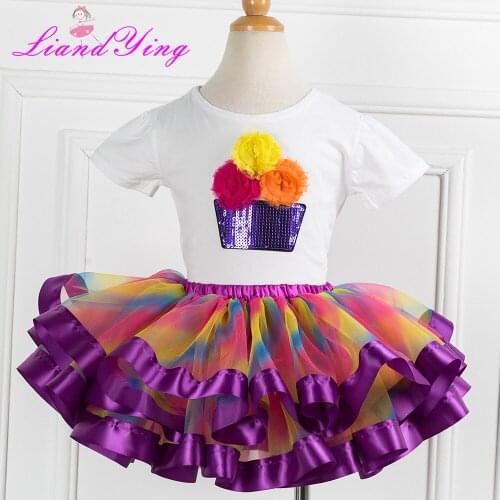 Kids Girls Clothing Sets New Brand Girls Clothes Short Sleeve T-Shirt+Purple Rainbow Tutu Skirt 2Pcs Children Clothes