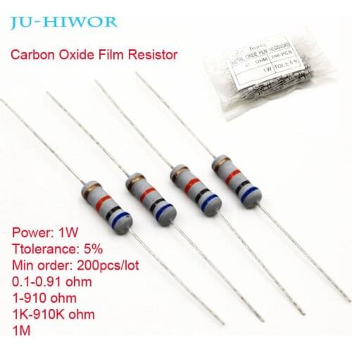 200pcs 5% 1W Carbon Oxide Film Resistor 0.1-0.91 1-910 1K-910K 1M ohm 100 200 300 1K 2K 3K 1M Resistors