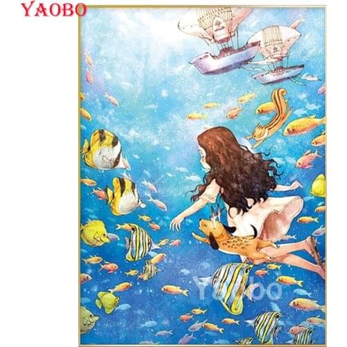 5D DIY Diamond Painting Cartoon Girl And Fish Full Square Round Drill Embroidery Cross Stitch Underwater World Pattern Mosaic