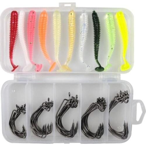 60Pcs T-Tail Artificial Worm Bait Soft Lure + Fish Hooks Fishing Tackle with Box