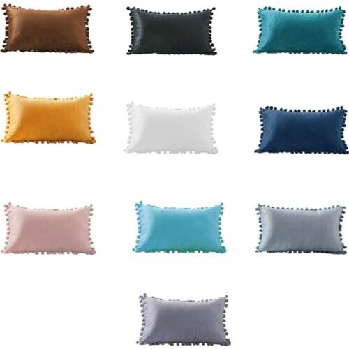 Nordic Style Velvet Lumbar Waist Throw Pillow Cover with Pom Pom Simple Solid Color Decorative Rectangle Cushion Case for y5JC