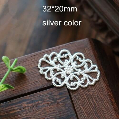 Free Shipping -30 pcs Silver Plated Brass Flower Metal Sheet,32*20mm Metal Filigree Connectors,Made of Copper,Top Quality