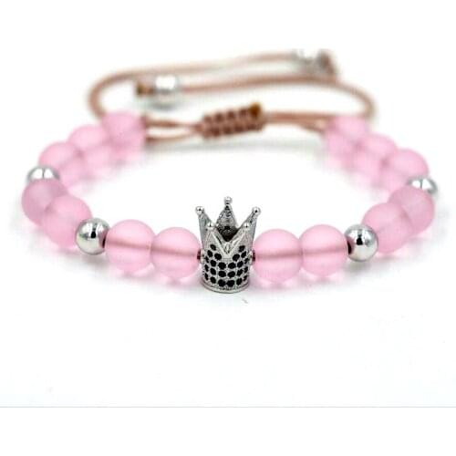 BPPCCR Matte Warm Pink Imperial Crown Women female Braiding Macrame Chakra energy Bracelets Micro Pave CZ Beads Pulseiras