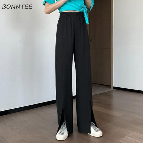 Pants Women Side-silt New High Waist Baggy Simple Solid All-match Elegant Streetwear Students Korean Style Soft Harajuku Retro