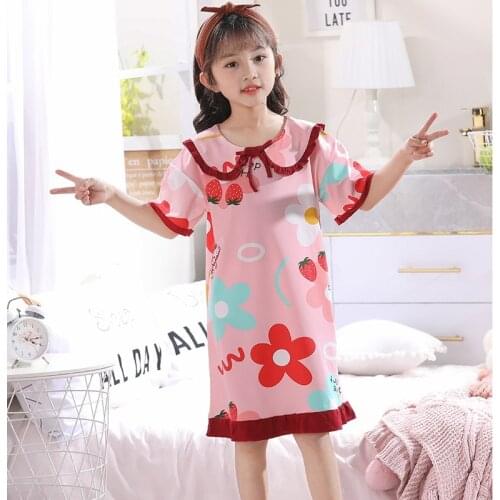 Kids Girls Cotton Nightgown Cartoon Nightdress Girl Sleepwear Nightie Summer Short Sleeves Fashion Nightwear Children Clothes