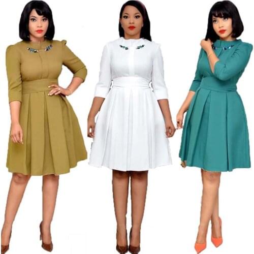 Elegant Pleated A-Line Dress African Clothes Autumn Embroidery O-Neck Knee Length Dress Office Lady Partyclub