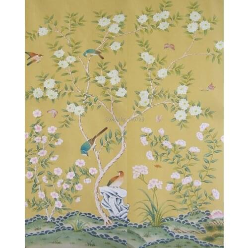 Customized Hand-Painted Silk Wallpaper Flowers with Birds/Fence TV/Bedroom/Living/Dinning Room Background Many Designs Optional