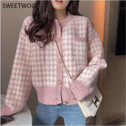 Korean Houndstooth Short Sweater Cardigan Jacket Women Elegant Imitation Mink Fleece Knitwear Tops Vintage O-Neck Knitted Coats