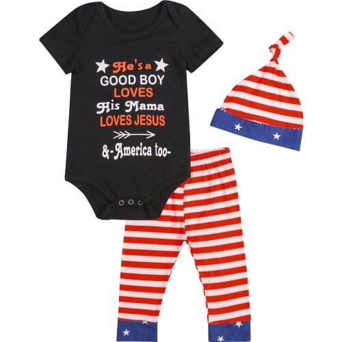 Baby Boys 4th of July Outfits, Short Sleeve Letter Print Romper + Striped Pants + Hat Set