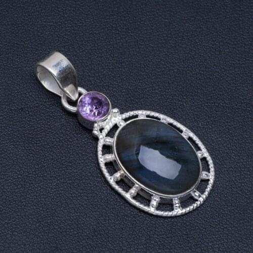 Natural Blue Fire Labradorite and Amethyst Handmade Unique 925 Sterling Silver Pendant 1.75" A4821