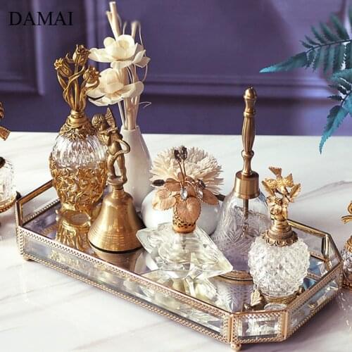 Nordic Metal Lace Glass Mirror Trays Cosmetic Jewelry Storage Display Tray Household Tea Cup Aromatherapy Decorative Plates