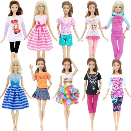 10 Pcs Fashion Doll Outfit Handmade Daily T-shirt Trousers Dress Clothes for Barbie Doll Casual Wear Dinner Party Accessories