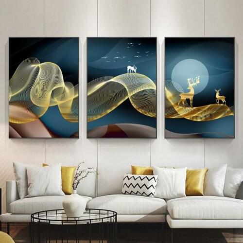 Golden Abstract Deer Bird Wall Art Canvas Painting Nordic Posters and Prints Decorative Pictures for living Room Home Decor