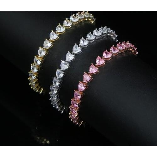 Wholesale Rose gold Gold Silver Color Cute Heart Shape CZ Tennis Chain Bracelet Bangle for Women Men Best Friends Jewelry Gift