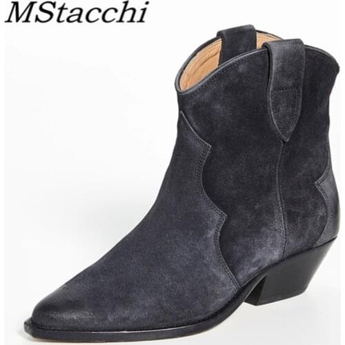 MStacchi Sexy England Crude Heel Woman Boots Cow Leather Solid Color Comfortable Pointed Toe Ankle Boots Retro Party Femme Shoes