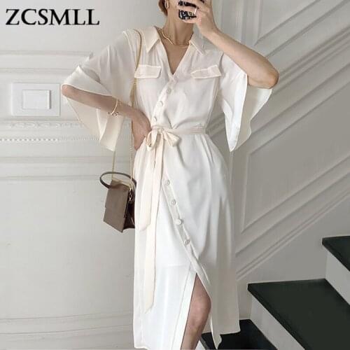 ZCSMLL Korean chic temperament turn-down collar dresses irregular single-breasted lace-up waist flared sleeve dress women