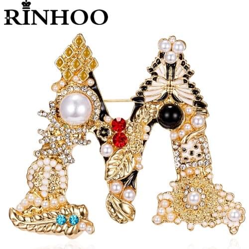 Rinhoo Vintage Rhinestone Letter A D G S M Enamel Pearl Crystal Brooch Women Baroque Style Alphabet Initial Pins Wedding Jewelry