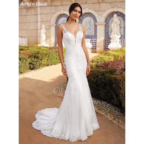 Wedding Dress Mermaid Deep V-Neck Neckline Sleeveless Lace Appliques Long- Open Back With For Party Bride Gown
